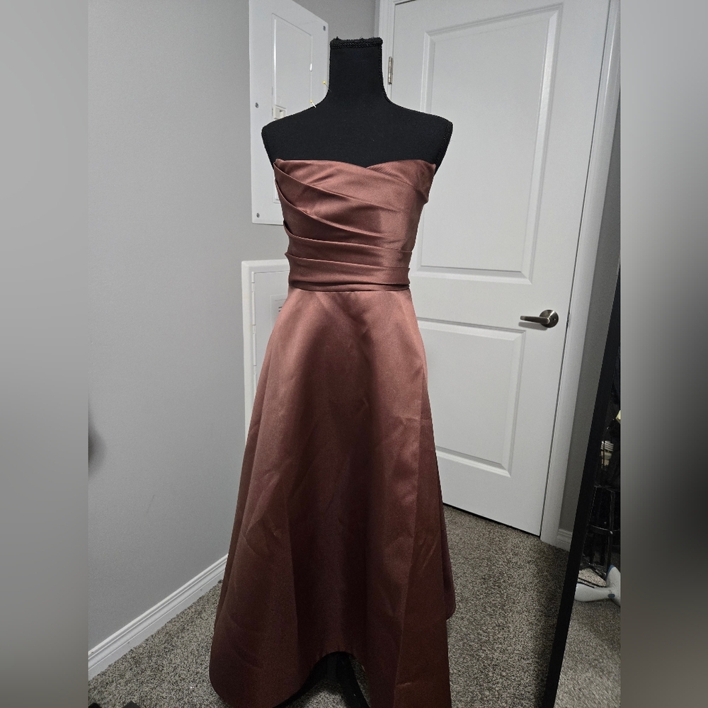 Dessy Collection Strapless Satin Dress in Chocolate